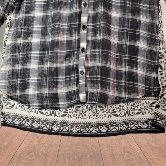 Xhilaration black and white plaid sheer, long sleeved button-up shirt. - Picture 3 of 5